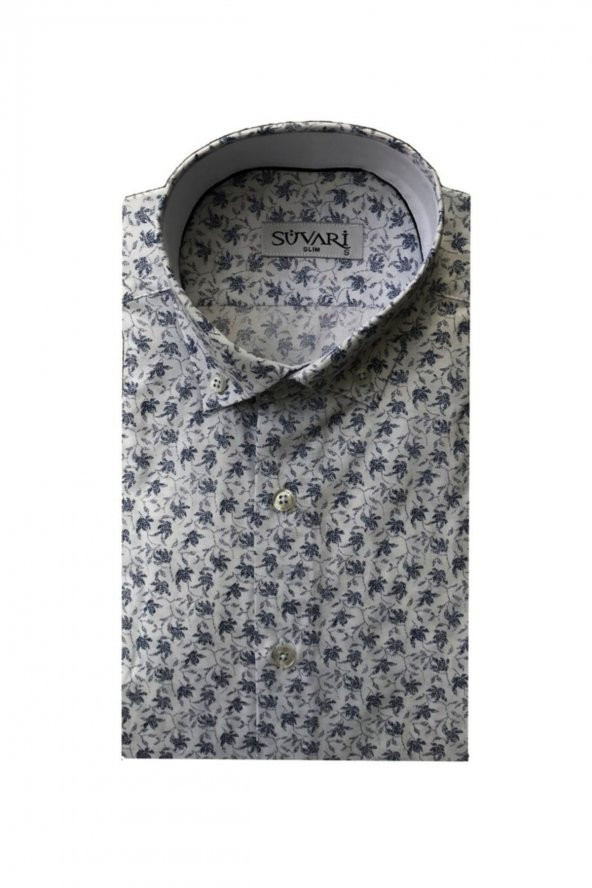 Slim Fit Baskılı Uzun Kol Lacivert Erkek Gömlek ürün görseli 1