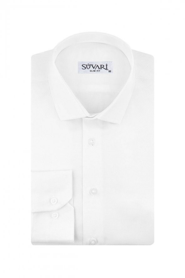 Slim Fit Armür Desenli Beyaz Erkek Gömlek ürün görseli 1