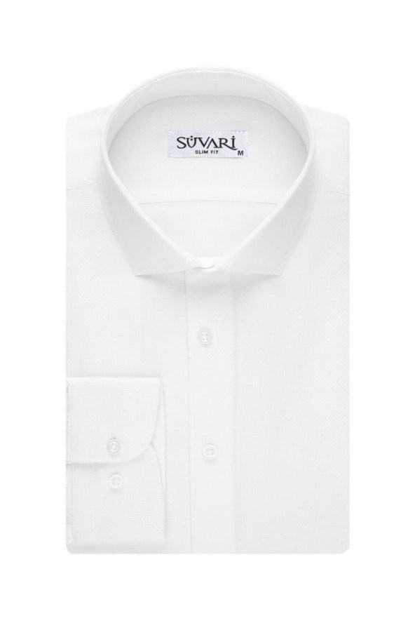 Slim Fit Armür Desenli Beyaz Erkek Gömlek ürün görseli 1