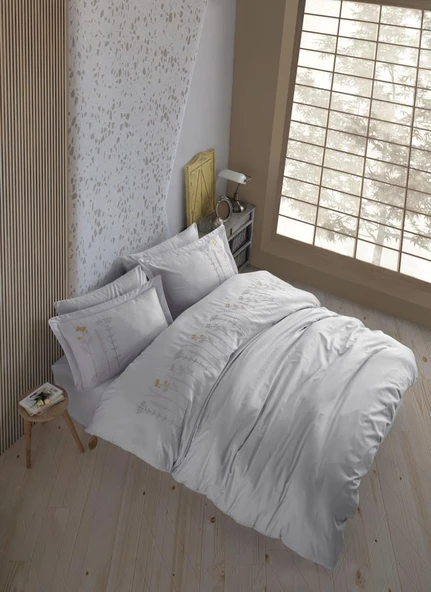 Hobby Çift Kişilik Poplin Premium Nakışlı Nevresim Diva Gri ürün görseli 1