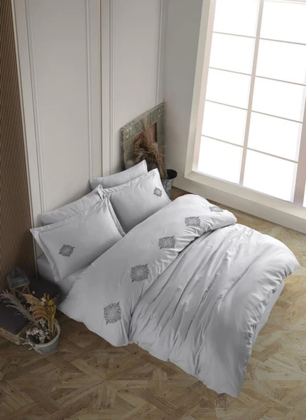 Hobby Çift Kişilik Poplin Premium Nakışlı Nevresim Azra Gri ürün görseli 1