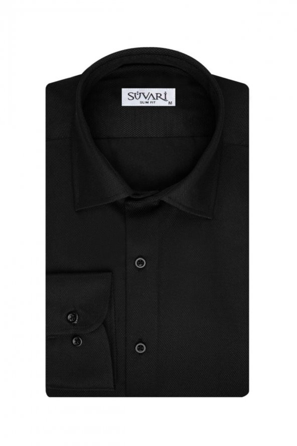Slim Fit Armür Desenli Siyah Erkek Gömlek ürün görseli 1