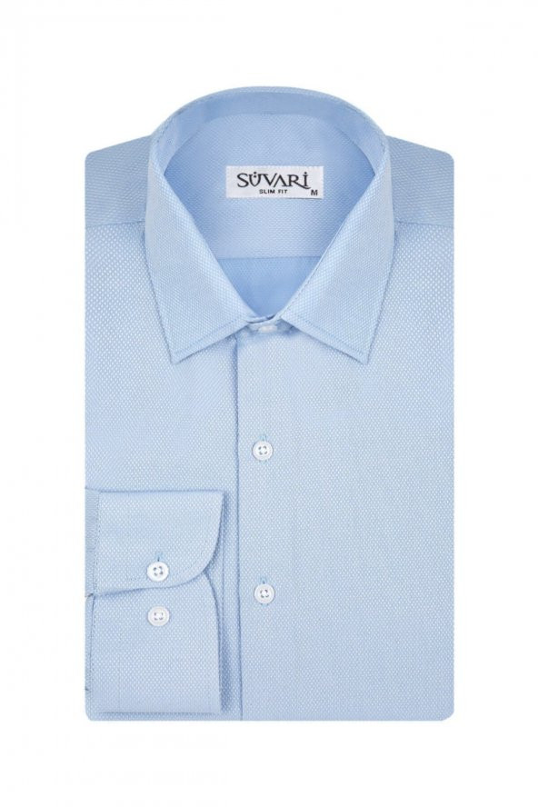 Slim Fit Armür Desenli Soluk Mavi Erkek Gömlek ürün görseli 1