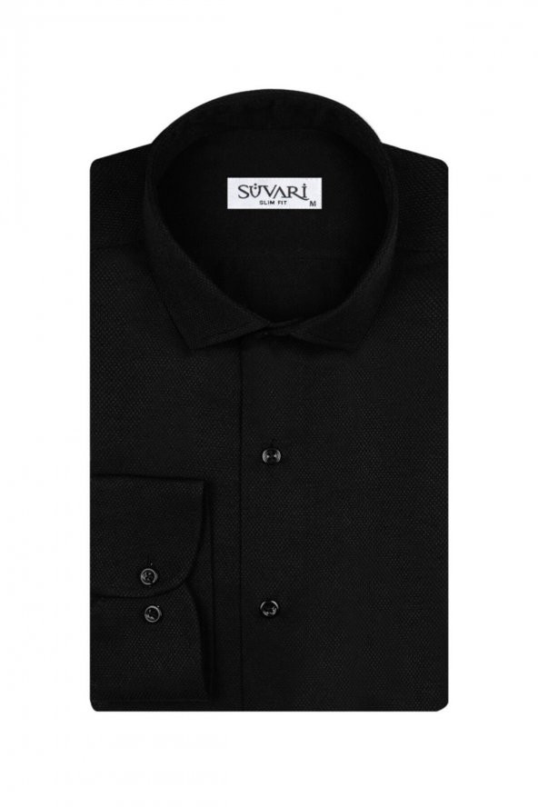 Slim Fit Armür Desenli Siyah Erkek Gömlek ürün görseli 1