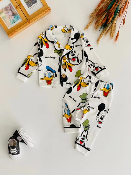 Neşeli Bebekler Mickey Ve Arkadaşları Baskılı Önden Düğmeli Cepli Pijama Takımı ürün görseli 1