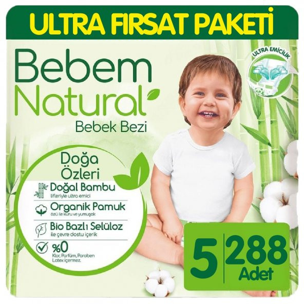 Bebem Natural Bebek Bezi Ultra Fırsat Paketi 5 Beden 72x4 288 Adet ürün görseli 1