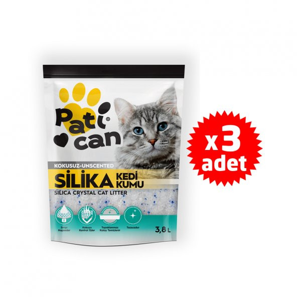PATİCAN 3 ADET SİLİKA KRİSTAL KEDİ KUMU 3.8 LT ürün görseli 1