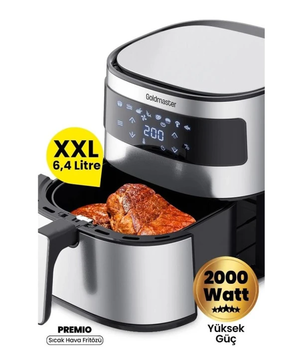 GOLDMASTER GM-7482 PREMİO 6,4 LİTRE XXL İNOX AİRFRY YAĞSIZ SICAK HAVA FRİTÖZÜ ürün görseli 1