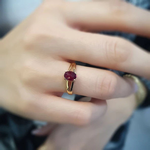 14k Altın Granat Lal Taşlı Yüzük ürün görseli 1