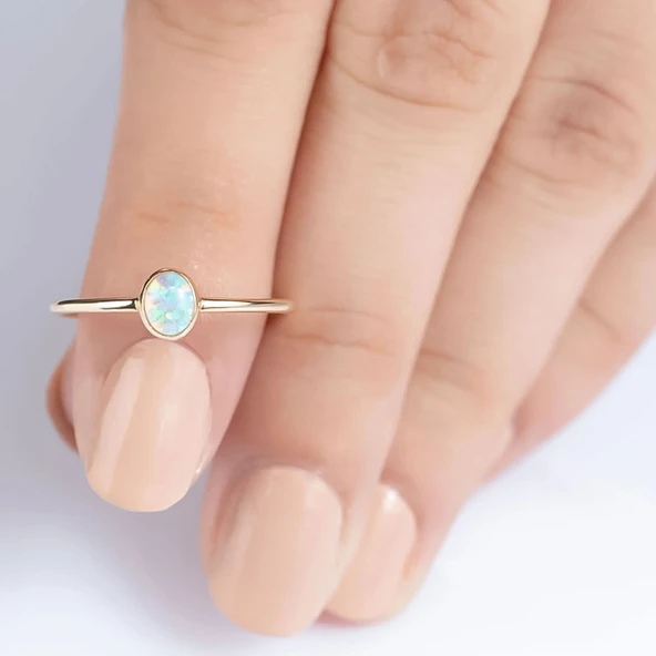 14k Altın Mini Opal Altın Yüzük - Resim 5