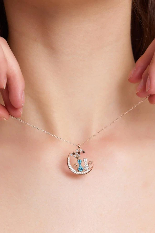 Kedi Figürlü Rose Gold Renk Gümüş Kadın Kolye ürün görseli 1