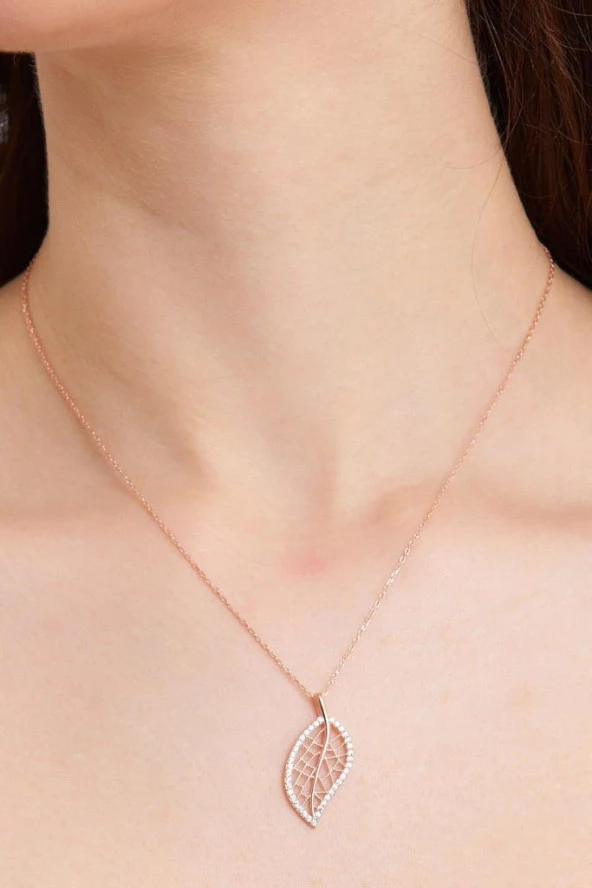 Yaprak Model Rose Gold Renk Gümüş Kadın Kolye ürün görseli 1