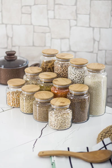 12 Li Set Bambu Kapaklı Cam Kavanoz & Erzak Saklama Kabı 4 X (1.3 LT 0.80 LT 0.50  LT ( Vakum Kapak ) ürün görseli 1