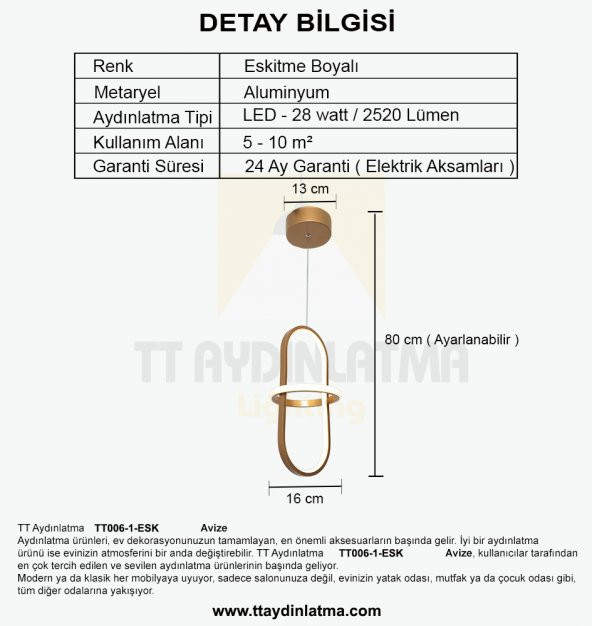 TT Aydınlatma TT006-1-ESK  Minyon Modeli Tekli Eskitme Led Avize ürün görseli 1