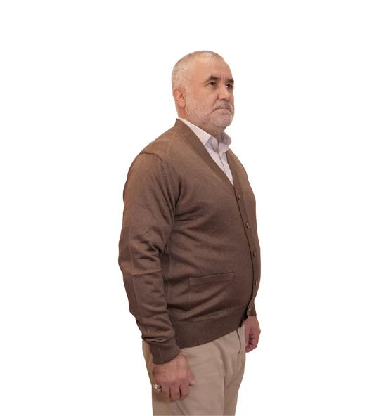 KEHİLA Erkek Kahverengi Baba Hırkası Önden Zarif Düğmeli Klasik Çift Cepli Rahat Kesim Ince Yün Triko ürün görseli 1