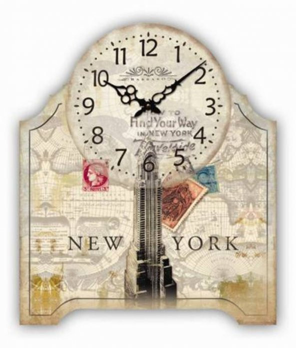MBA MUTFAK-AHŞAP SAATLER-Saatler-MB NEW YORK TEMALI DUVAR SAATİ-KÜÇÜK-24x19,5x3 CM ürün görseli 1