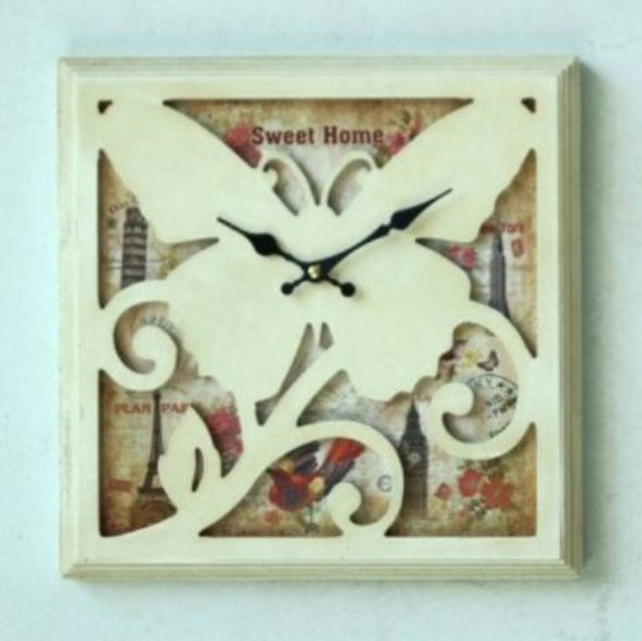 MBA MUTFAK-AHŞAP SAATLER-Saatler-MB KARE KELEBEK KABARTMALI TEMALI DUVAR SAATİ-KÜÇÜK-30x30x3,5 CM ürün görseli 1