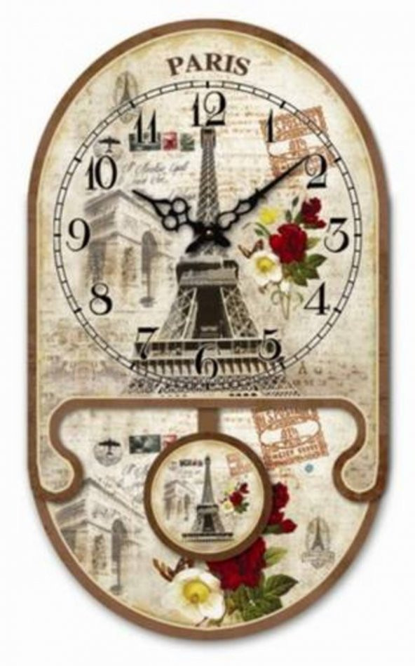 MBA MUTFAK › AHŞAP SAATLER › Saatler-MB SARKAÇLI PARIS EYFELLİ DUVAR SAATİ-KÜÇÜK-ORT-24x38 cm ürün görseli 1