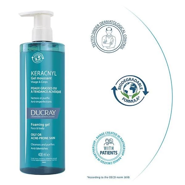 Ducray Keracnyl Yağlı ve Akneye Eğilimli Ciltler için 400 ml Temizleme Jeli ürün görseli 1