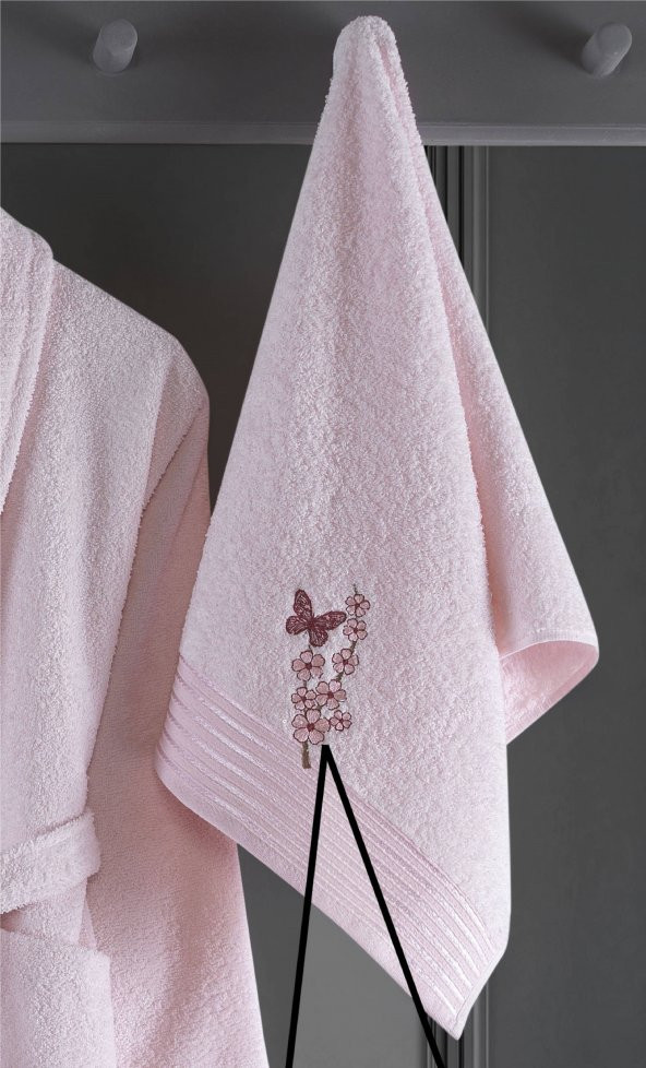 Alya Nakışlı Pamuklu 2 Parça Bornoz Seti Pembe - Resim 2