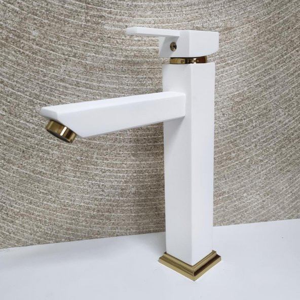 Venita Kare Aç Kapa Çanak Tipi Uzun Lavabo Bataryası Beyaz Gold ürün görseli 1
