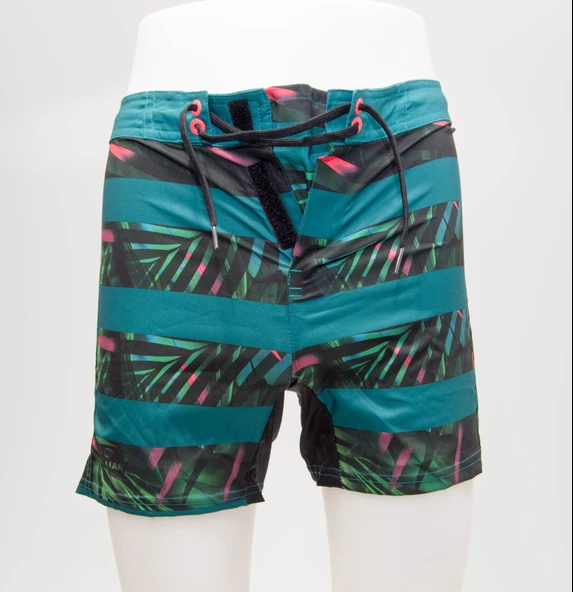 Yüzme, Sörf Şortu Çocuk Filesiz Dar Kalıplı Boardshort  Meridyendukkan Olaıan Mavi,Yeşil Palmiye Desenli ürün görseli 1