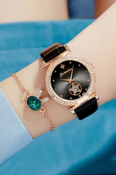 Kadın Kol Saati + Bileklik Lüks Moda Şık Trend Set Saat Siyah Rose Gold ürün görseli 1