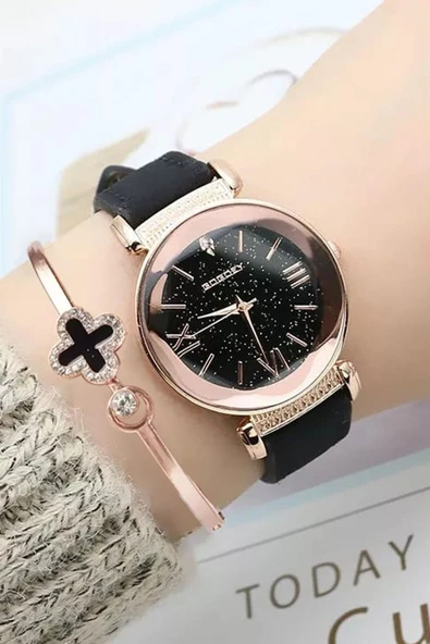 Kadın Kol Saati Bileklik Lüks Moda Şık Trend Set Saat Siyah Rose Gold ürün görseli 1