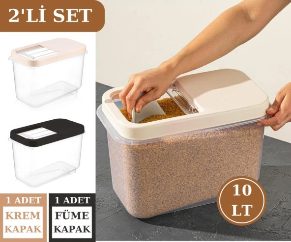Flosoft 10 LT Un Bakliyat Erzak Saklama Kabı Deterjan Kutusu 2’li Set Füme+Krem ürün görseli 1