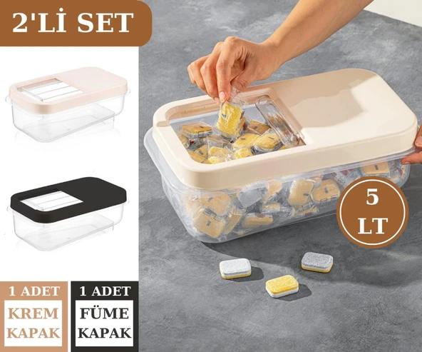 Flosoft 5 LT Un Bakliyat Erzak Saklama Kabı Deterjan Kutusu 2’li Set Füme+Krem ürün görseli 1