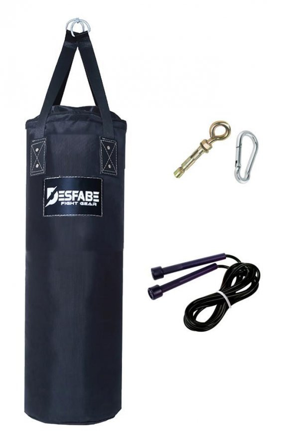 Desfabe Polydes 80x25 Cm Kolonlu Boks Kum Torbası Siyah+Askı Aparatı+Atlama İpi ürün görseli 1