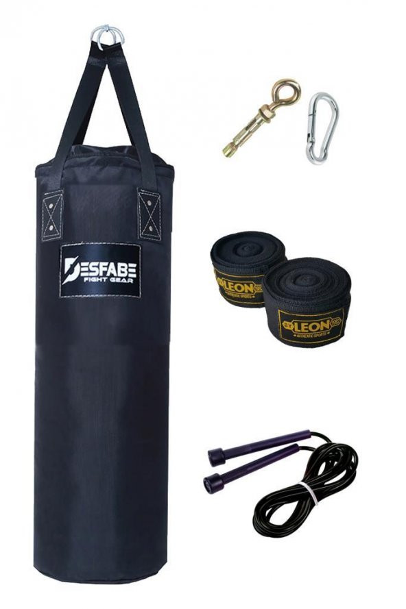 Desfabe Polydes 80x25 Cm Kolonlu Boks Kum Torbası Siyah+Askı Aparatı+El Sargı Bandajı+Atlama İpi ürün görseli 1