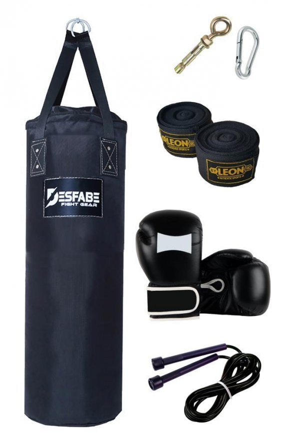 Desfabe Polydes 80x25 Cm Kolonlu Boks Kum Torbası Siyah+Askı Aparatı+Boks Eldiveni+El Bandajı+İp ürün görseli 1