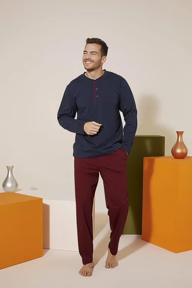 KLY 9221 Erkek Midi Yaka Pantolon Baskılı Pijama Takım ürün görseli 1