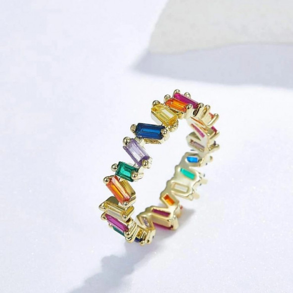 Renkli Baget Taşlı Rainbow Rhinestone Kaya Kristali Elmas Tamtur Yüzük 8 ürün görseli 1