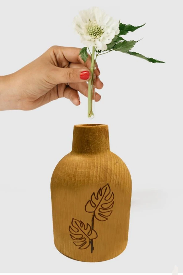 Ahşap Mini Vazo Ev Aksesuarı - Yaprak Desenli 12cm ürün görseli 1