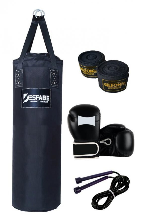 Desfabe Polydes 80x25 Cm Kolonlu Boks Kum Torbası Siyah+Boks Eldiveni+El Sargı Bandajı+Atlama İpi ürün görseli 1