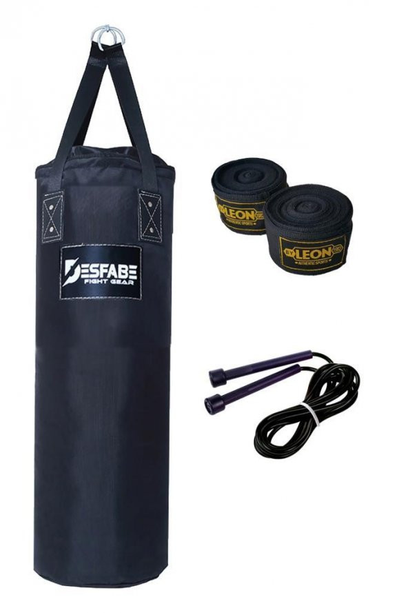 Desfabe Polydes 80x25 Cm Kolonlu Boks Kum Torbası Siyah+El Sargı Bandajı+Atlama İpi ürün görseli 1