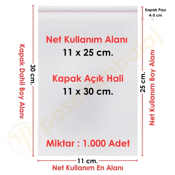 11x25+5 cm. (11x30) 1.000 Adet Şeffaf Bantlı Yapışkanlı Jelatin Poşet ürün görseli 1