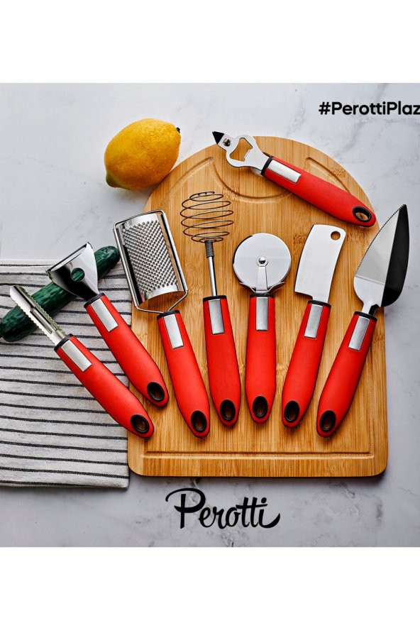 Perotti pratik mutfak aletleri - spatula açacak çırpıcı rende seti 8 prç.kırmızı ürün görseli 1