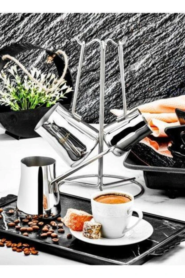 Özlife çelik  askılı cezve takımı - 4 lü cezve seti gala sade ürün görseli 1