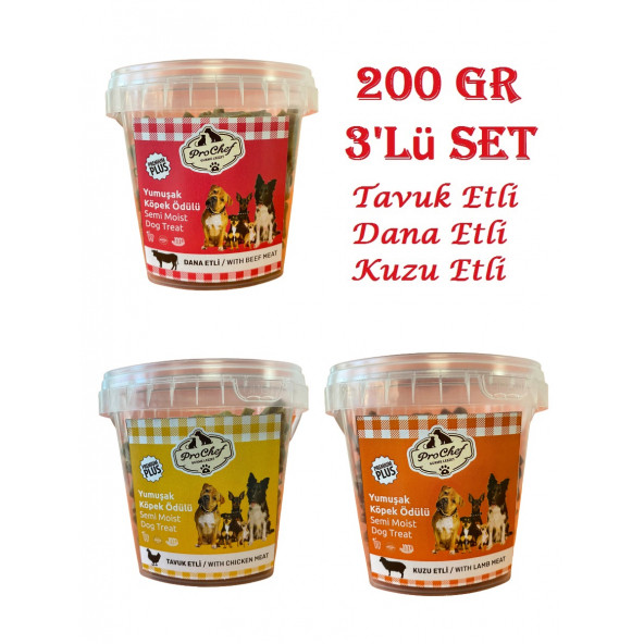 Prochef 3'lü Set 200 Gr Dana Kuzu Tavuk Etli Premium Plus Köpeklerin Eğitimi Için Yarı Yumuşak Ödül Mama ürün görseli 1