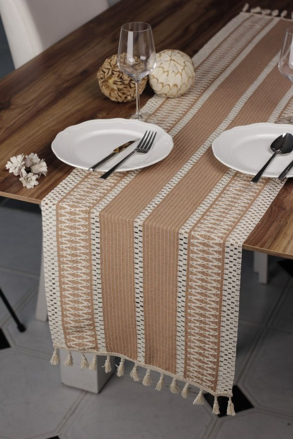 Runner Pamuk Dantel Püsküllü Bej Runner ,Sunum Örtüsü Dantel Bej 35x155 Cm Regina Runner Masa Örtüsü ürün görseli 1