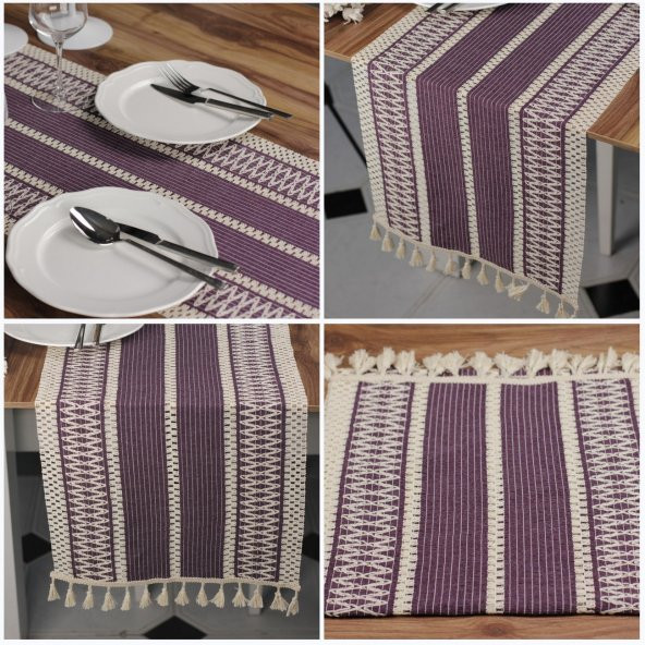 Dantel Mor Runner Püsküllü Organik Pamuk 35x155 Cm Regina Runner Masa Sunum Örtüsü Ham Pamuk Runner ürün görseli 1
