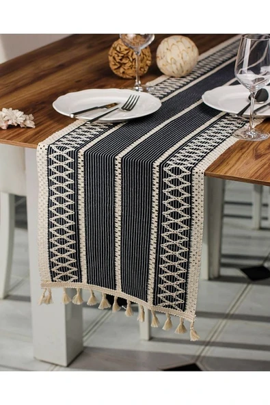 Örme Lacivert Runner , Püsküllü Organik Pamuk Dantel Örme Runner 35x155 Cm Regina Runner Örtüsü ürün görseli 1