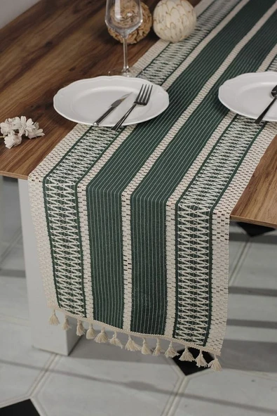 Yeşil Örme Runner Organik Pamuk Dantel Örme Püsküllü Runner 35x145 Cm Regina Runner Masa Örtüsü ürün görseli 1