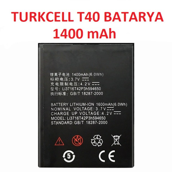 Turkcell T40 Batarya Pil 1400 Mah ürün görseli 1