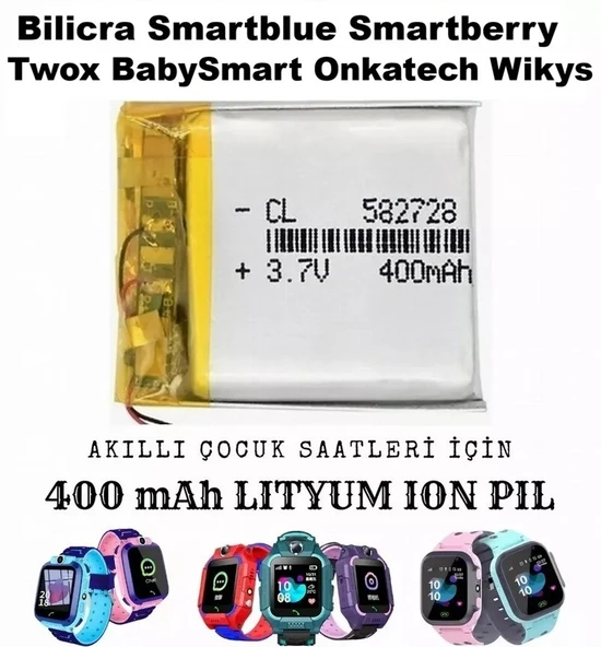400 mAh Akıllı Saat Pili Bataryası Wikys Smartberry Smartblue Bilicra Twox BabySmart Onkatech Ölçüler : 27mm X 28mm X 5.8mm 800MAHD ürün görseli 1