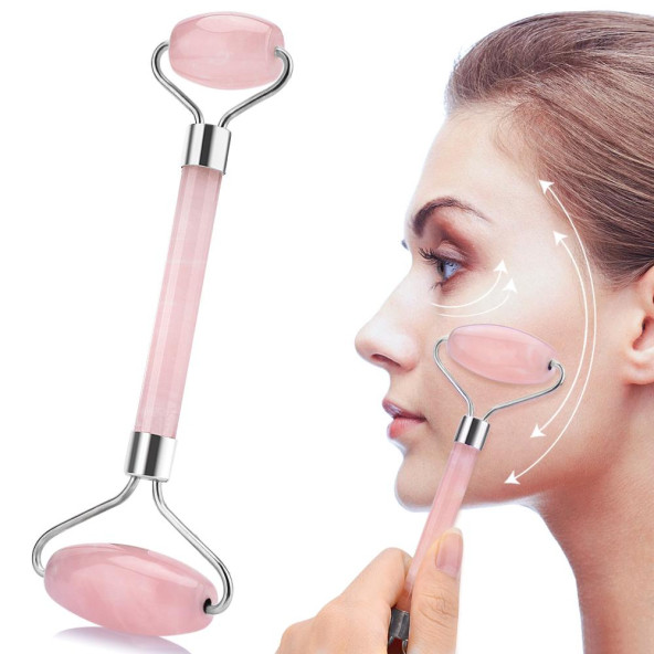 Jade Roller Pembe Yüz Masaj Aleti Cilt Yenileme Doğal Kuvars Taşı HAVLU ürün görseli 1