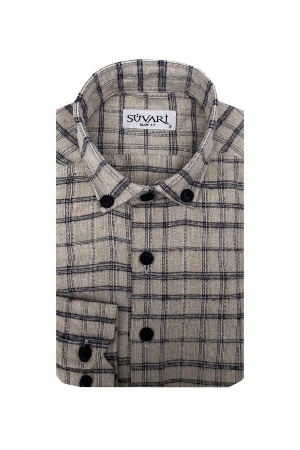 SÜVARİ Slim Fit Desenli Flanel Uzun Bej Erkek Gömlek ürün görseli 1